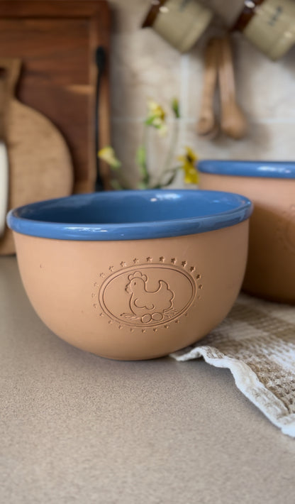 Set of 3 Blue Glazed Terracotta Nested Mixing Bowls with Farm Animal Etchings - made in Italy