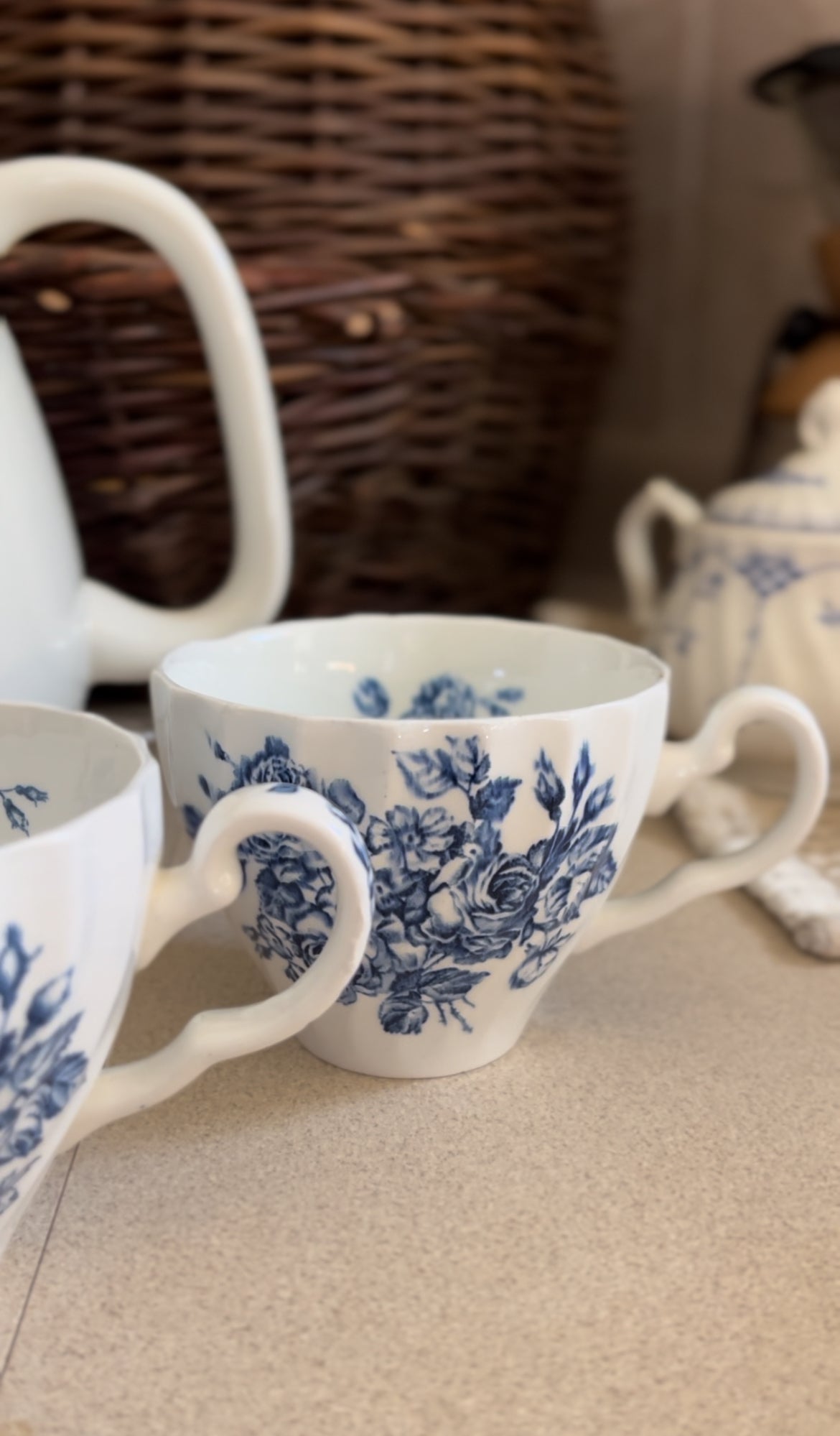 Set of 2 Blue and White Floral Ironstone Teacups made in England