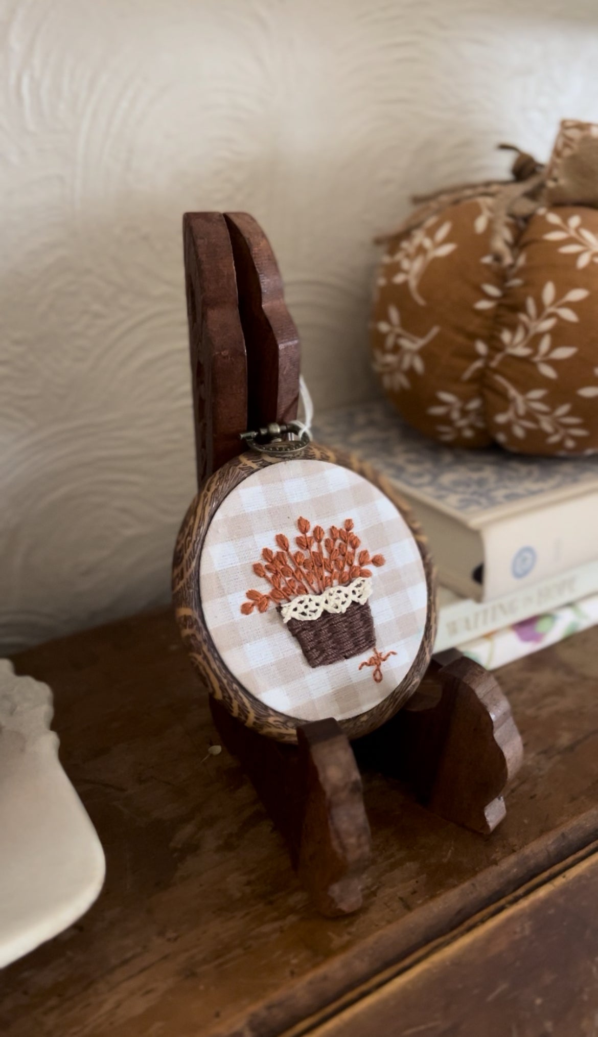 Small Basket of Fall Leaves on Gingham Fabric Embroidery Magnet