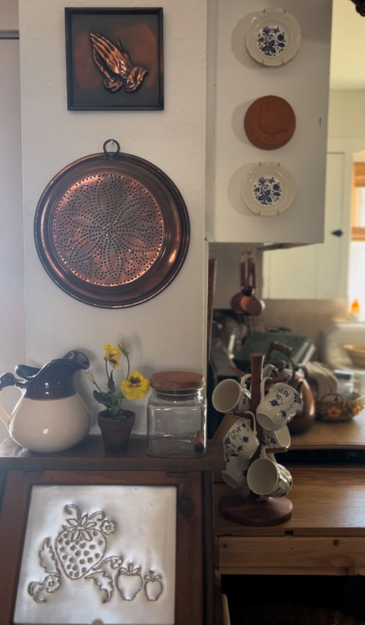Large Vintage Copper Strainer with Flower Pattern