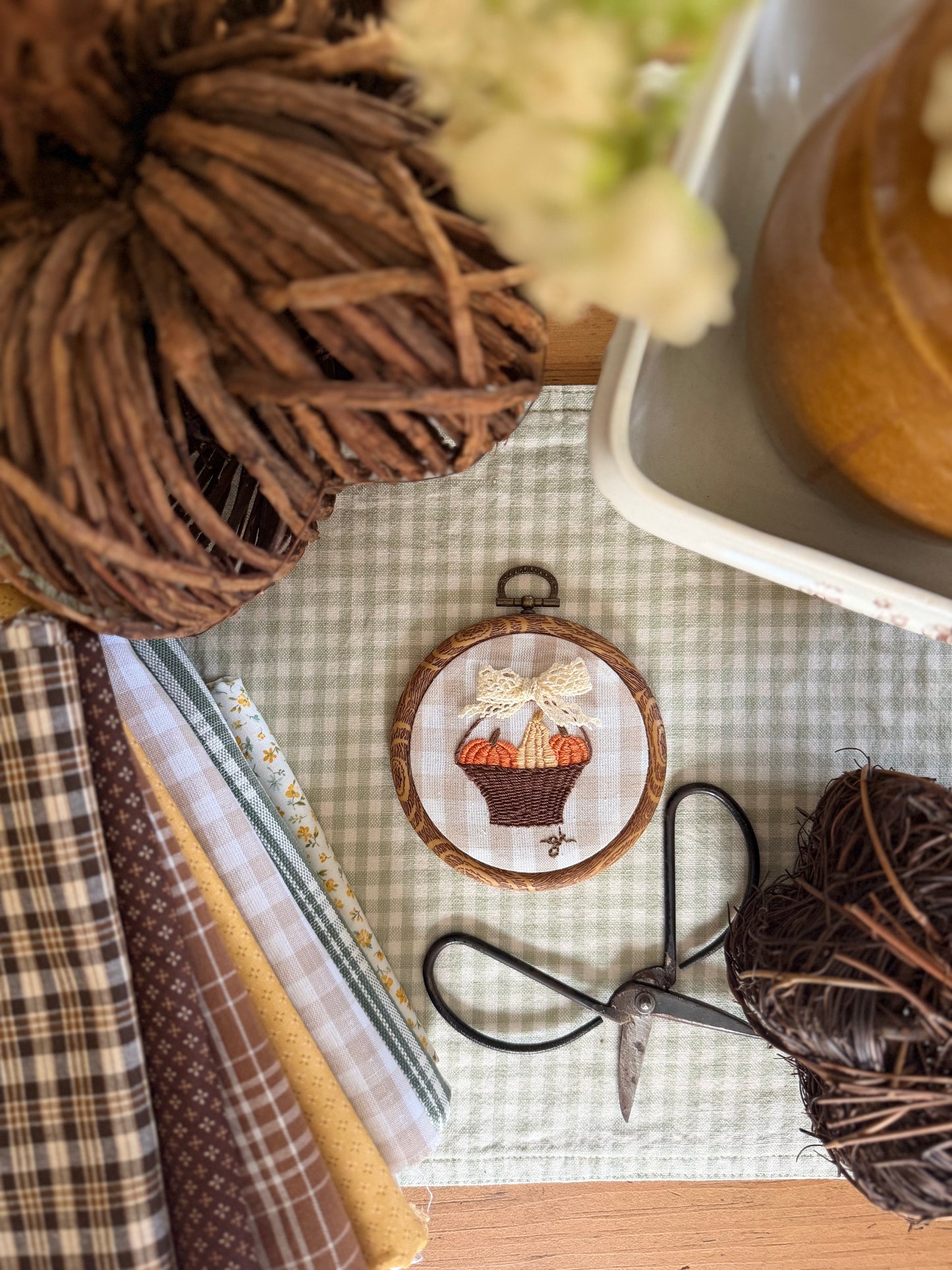 Basket of Pumpkins on Gingham Fabric Embroidery Magnet