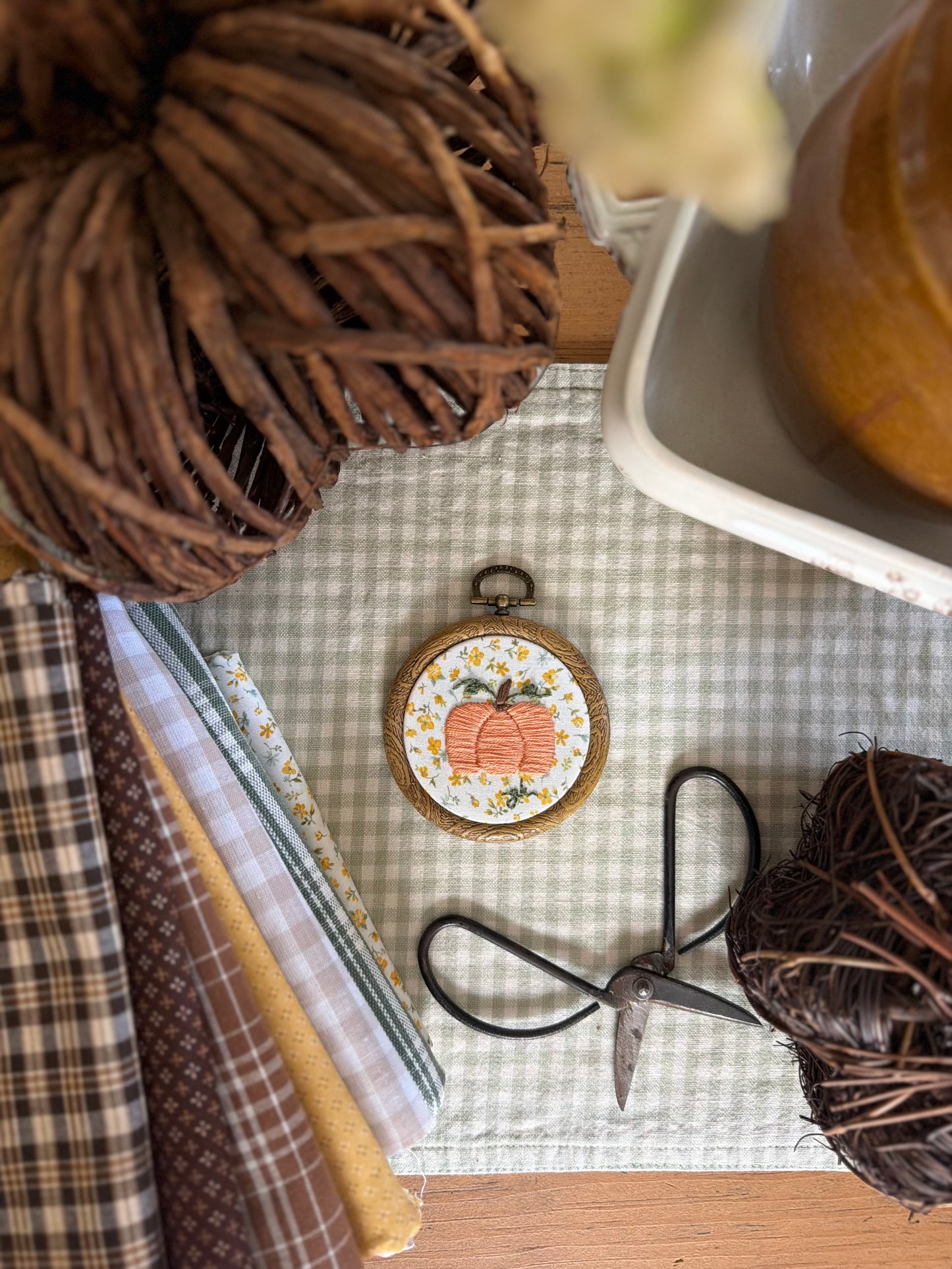 Pumpkin on Yellow Floral Fabric Mini Embroidery Magnet