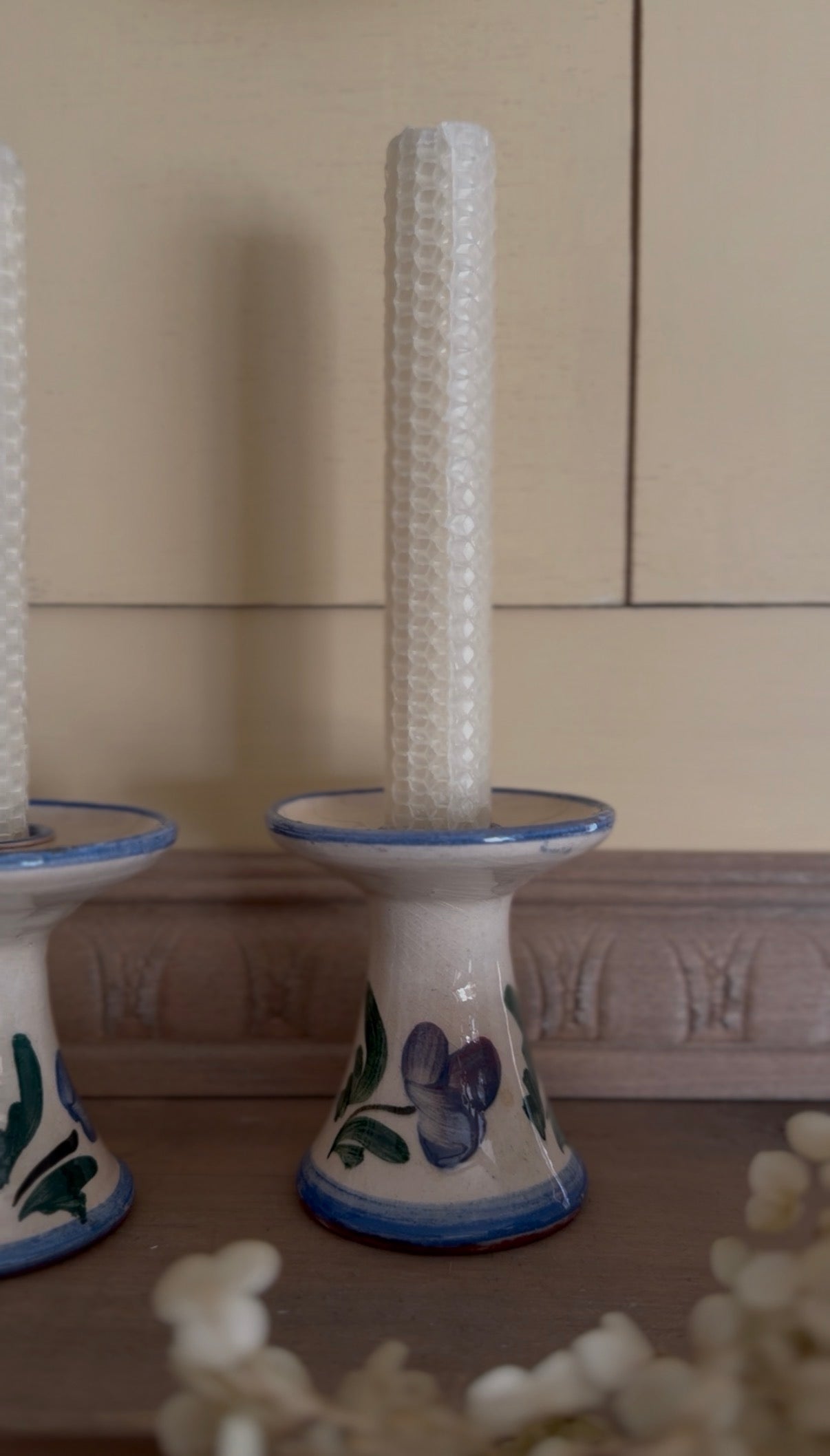 Hand-Painted Blue Floral Pottery Candle Holders - set of 2 (candles not included)