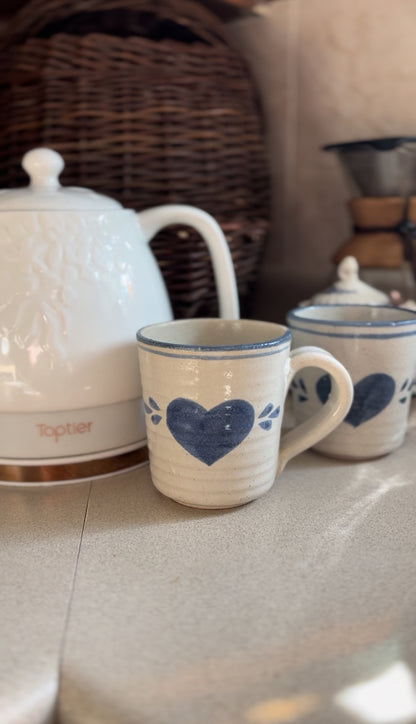 Set of 2 Blue Pottery Mugs with Hearts