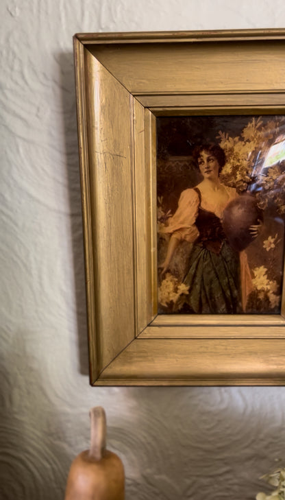 L Rudolph Rochefort Restored Portrait of Woman Holding Vase of Flowers in a Gold-painted Wooden Frame