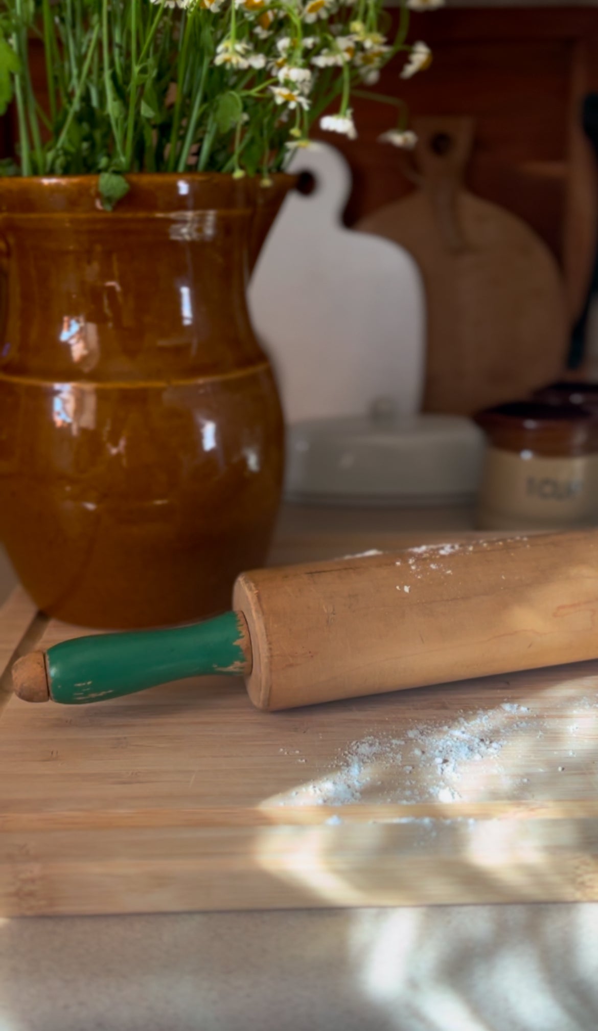 Vintage Solid Wood Rolling Pin with Chippy Green Paint