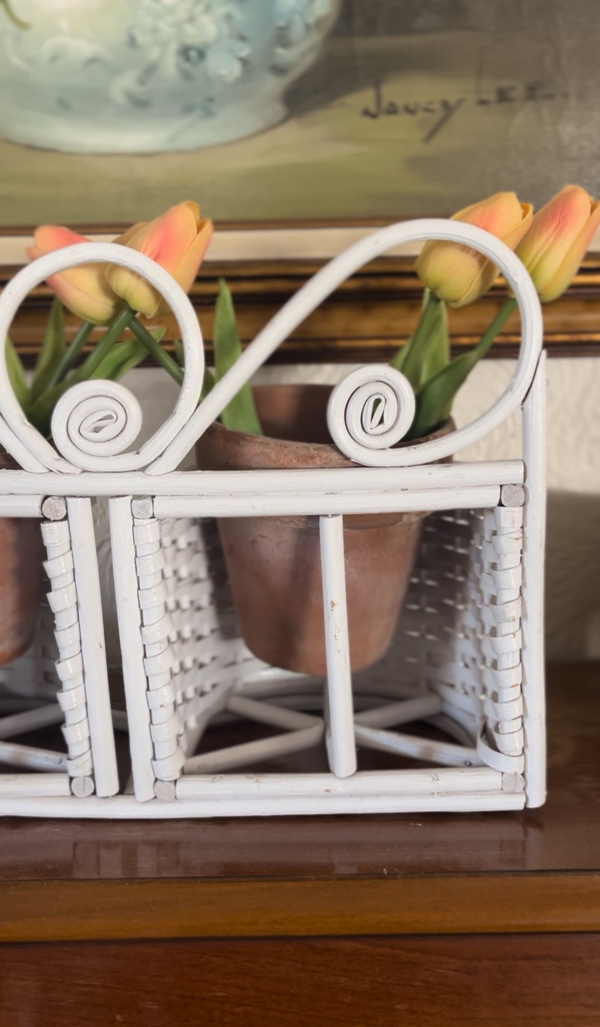 White Wicker Double Planter Basket (comes with terra cotta planters & tulips)
