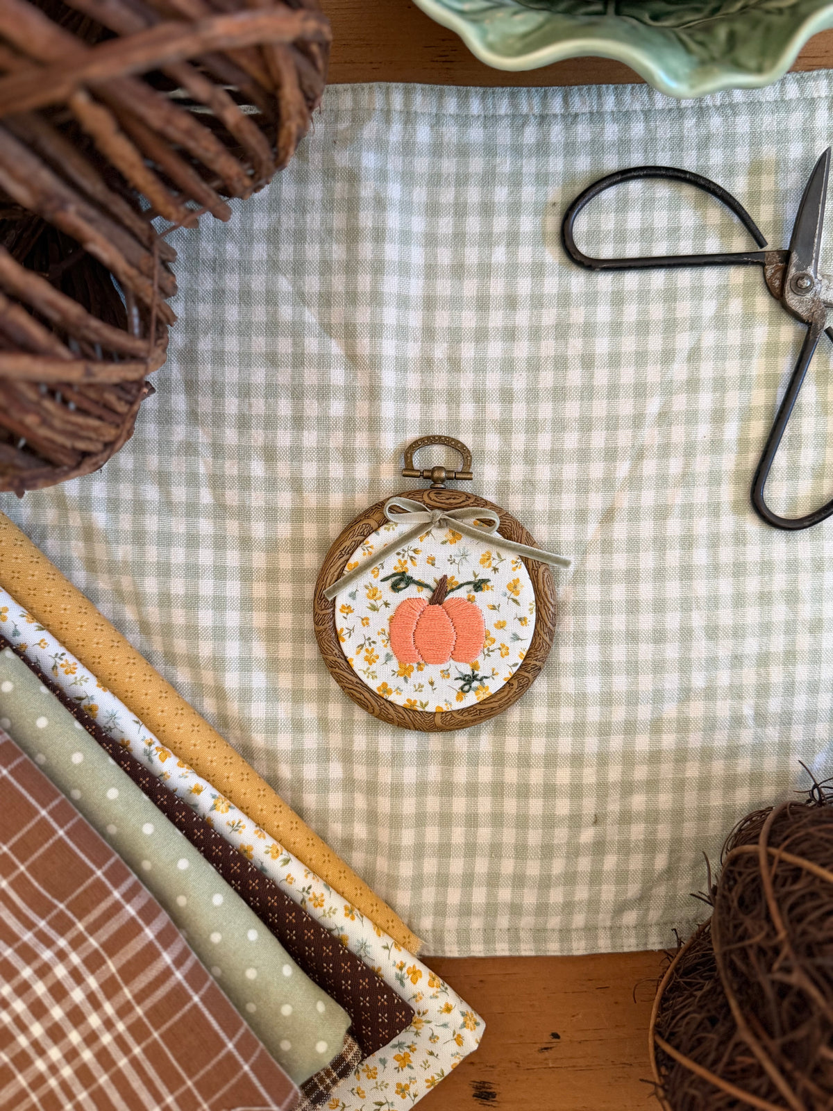 Pumpkin on Yellow Floral Fabric Mini Embroidery Magnet