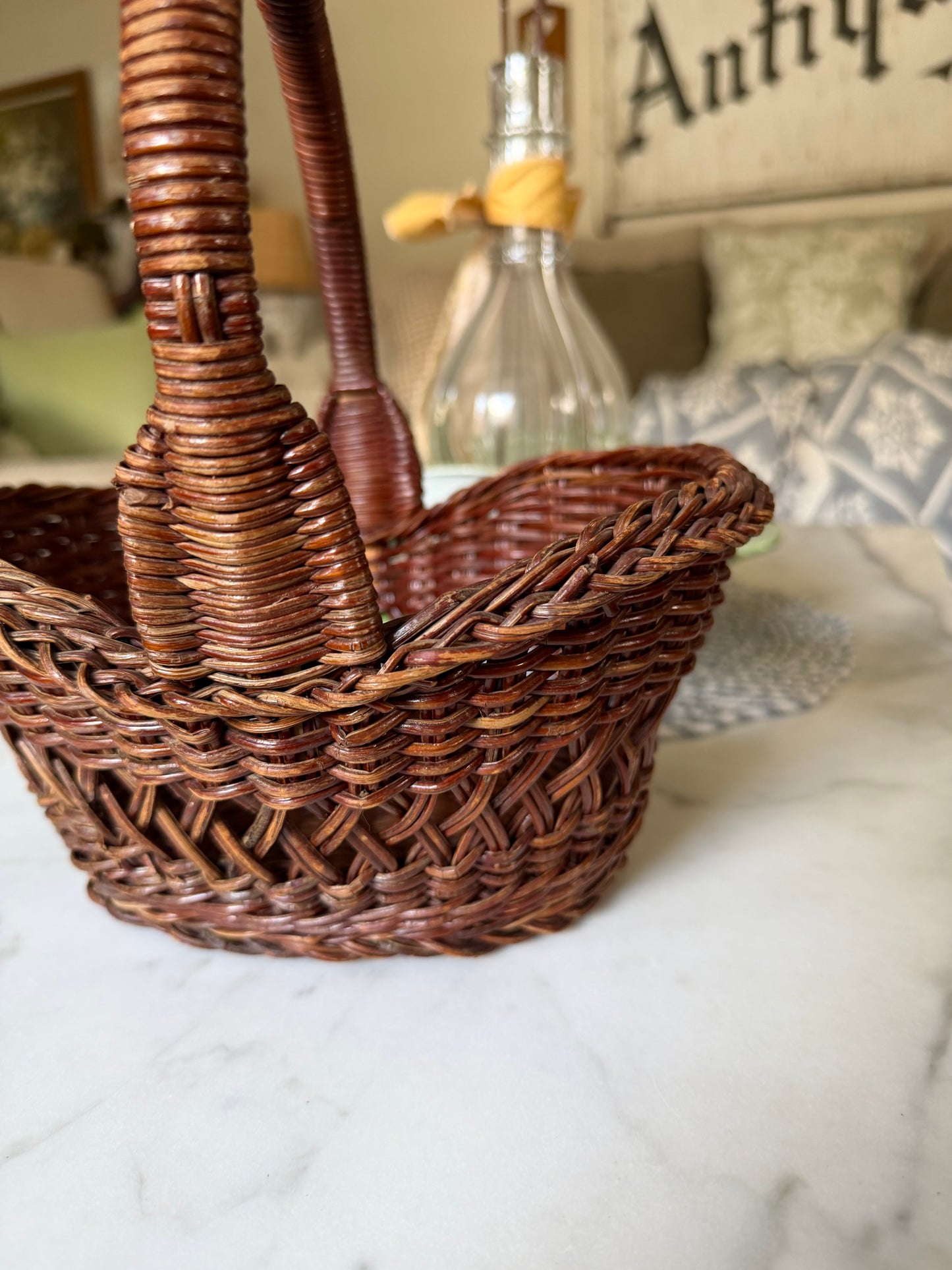 Small Dark Brown Wicker Basket with Handle (flowers not included)