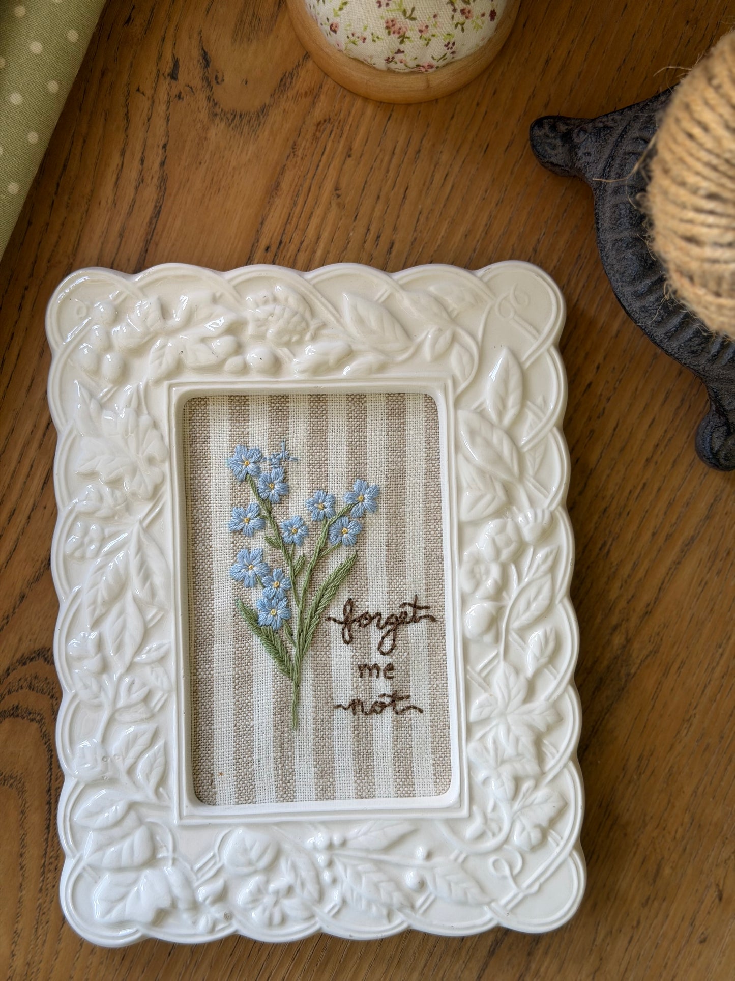 Large Forget-Me-Not Embroidery Art in a Vintage White Ceramic Frame