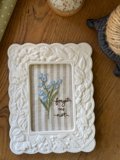 Large Forget-Me-Not Embroidery Art in a Vintage White Ceramic Frame