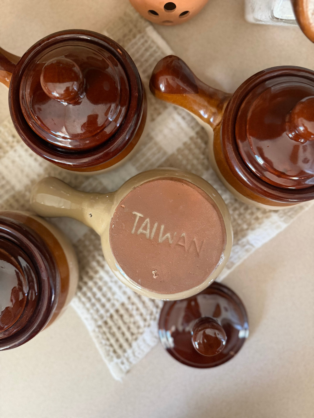 Set of 4 Brown Stoneware Soup Crocks made in Taiwan