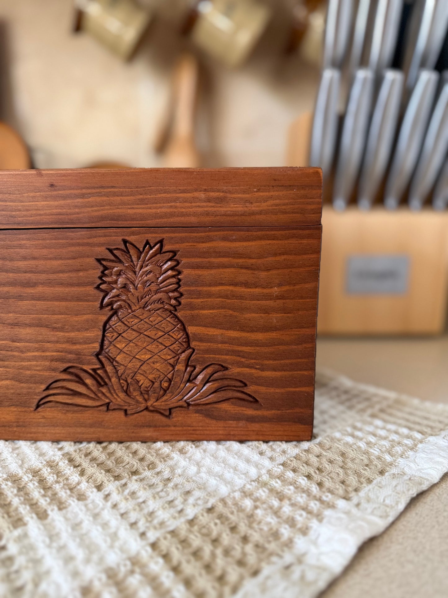 Wooden Recipe Card Box with Pineapple Carving