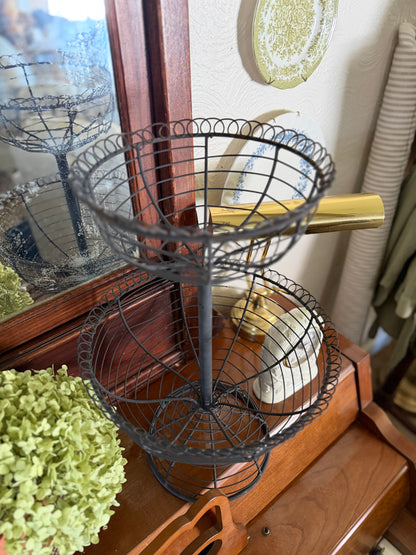 Two-Tiered French Loop Wrought Iron Wire Pedestal Fruit Basket