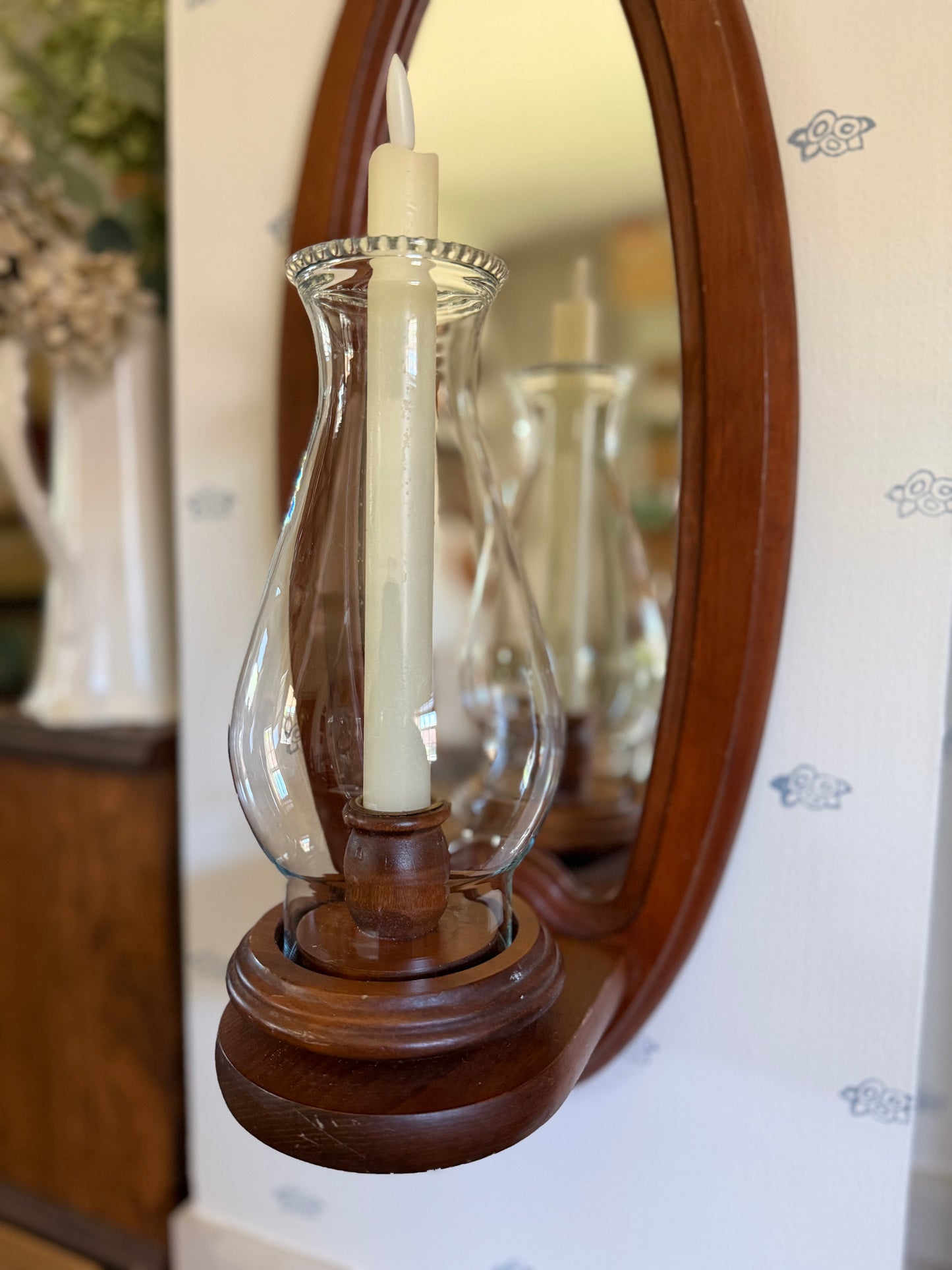 Large Mirrored Wooden Sconce with Hurricane Globe