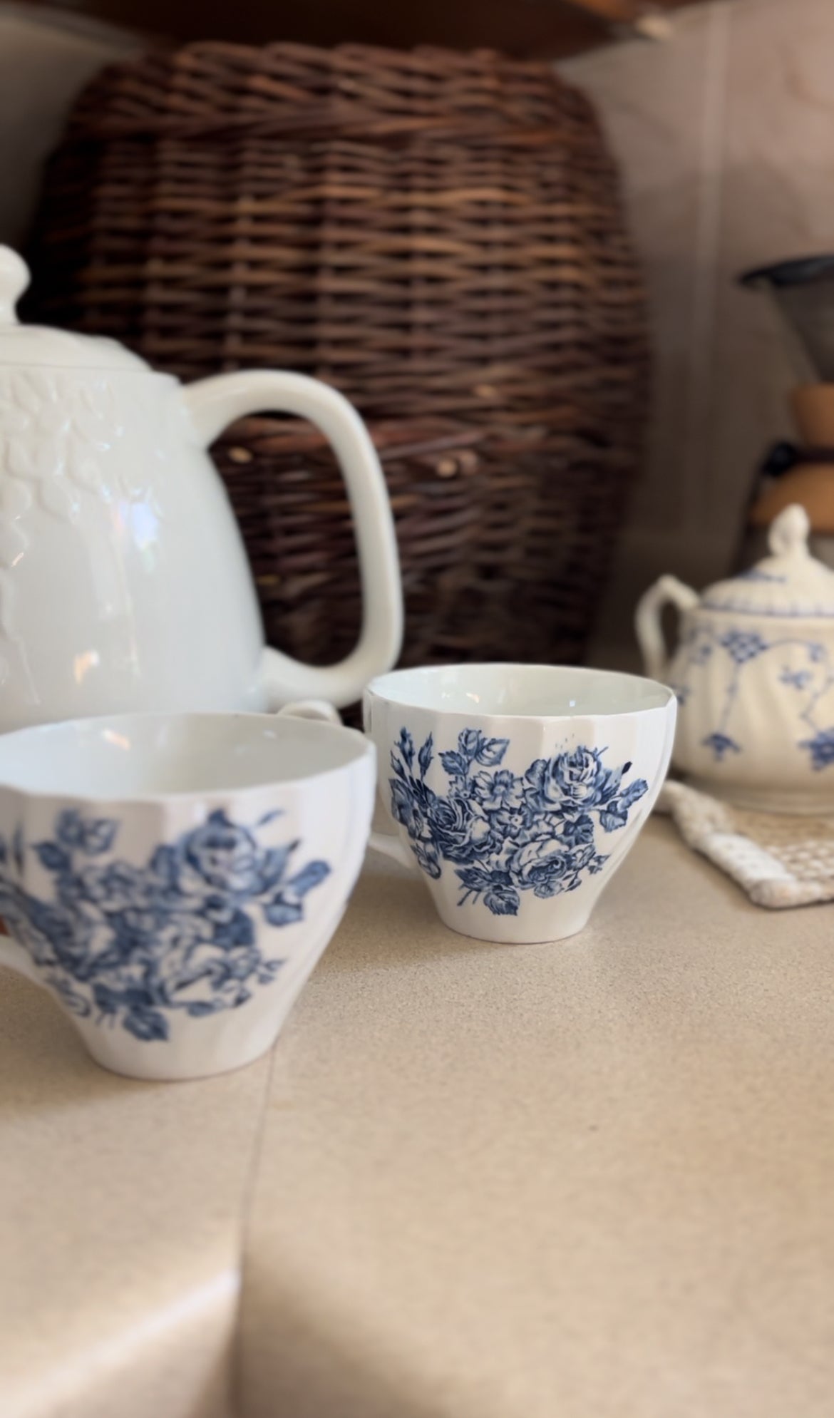 Set of 2 Blue and White Floral Ironstone Teacups made in England
