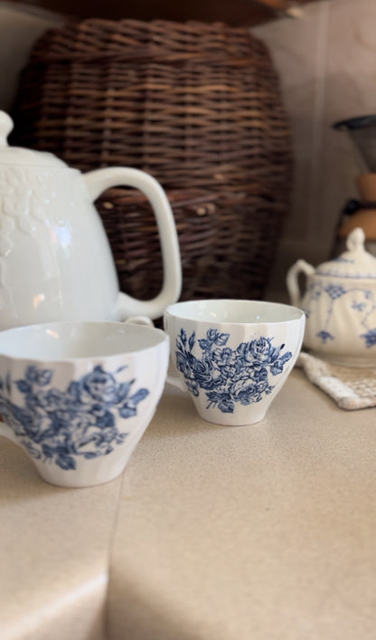Set of 2 Blue and White Floral Ironstone Teacups made in England