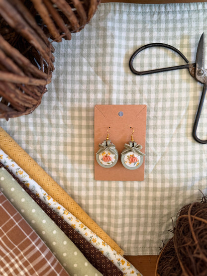 Pumpkin on Yellow Floral Fabric Embroidery Earrings