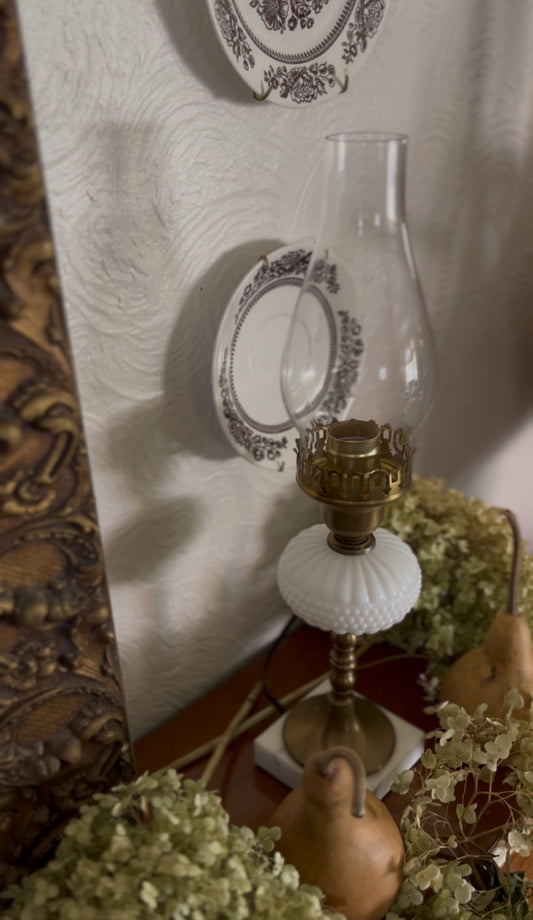 Set of 2 Milk glass, Brass, and Marble Hurricane Lamps