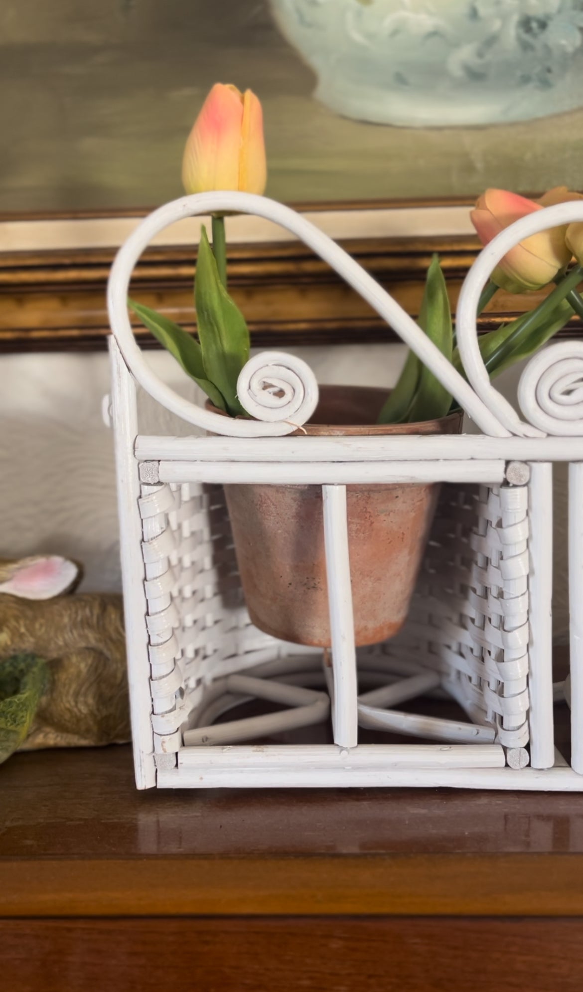 White Wicker Double Planter Basket (comes with terra cotta planters & tulips)