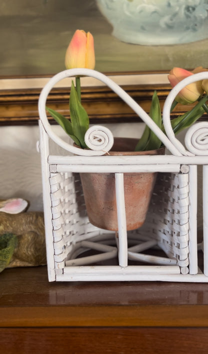 White Wicker Double Planter Basket (comes with terra cotta planters & tulips)