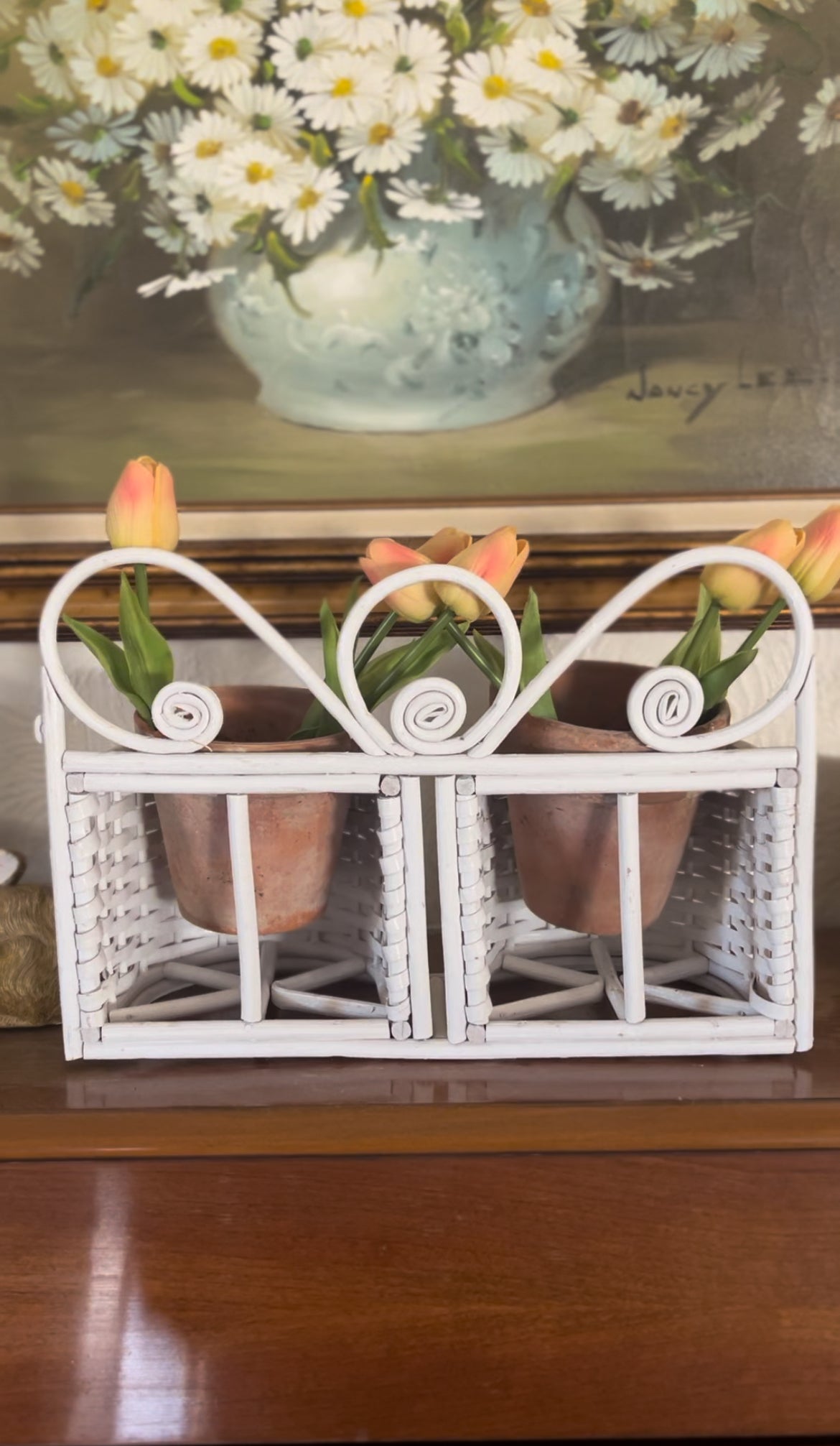 White Wicker Double Planter Basket (comes with terra cotta planters & tulips)