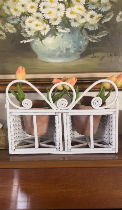 White Wicker Double Planter Basket (comes with terra cotta planters & tulips)