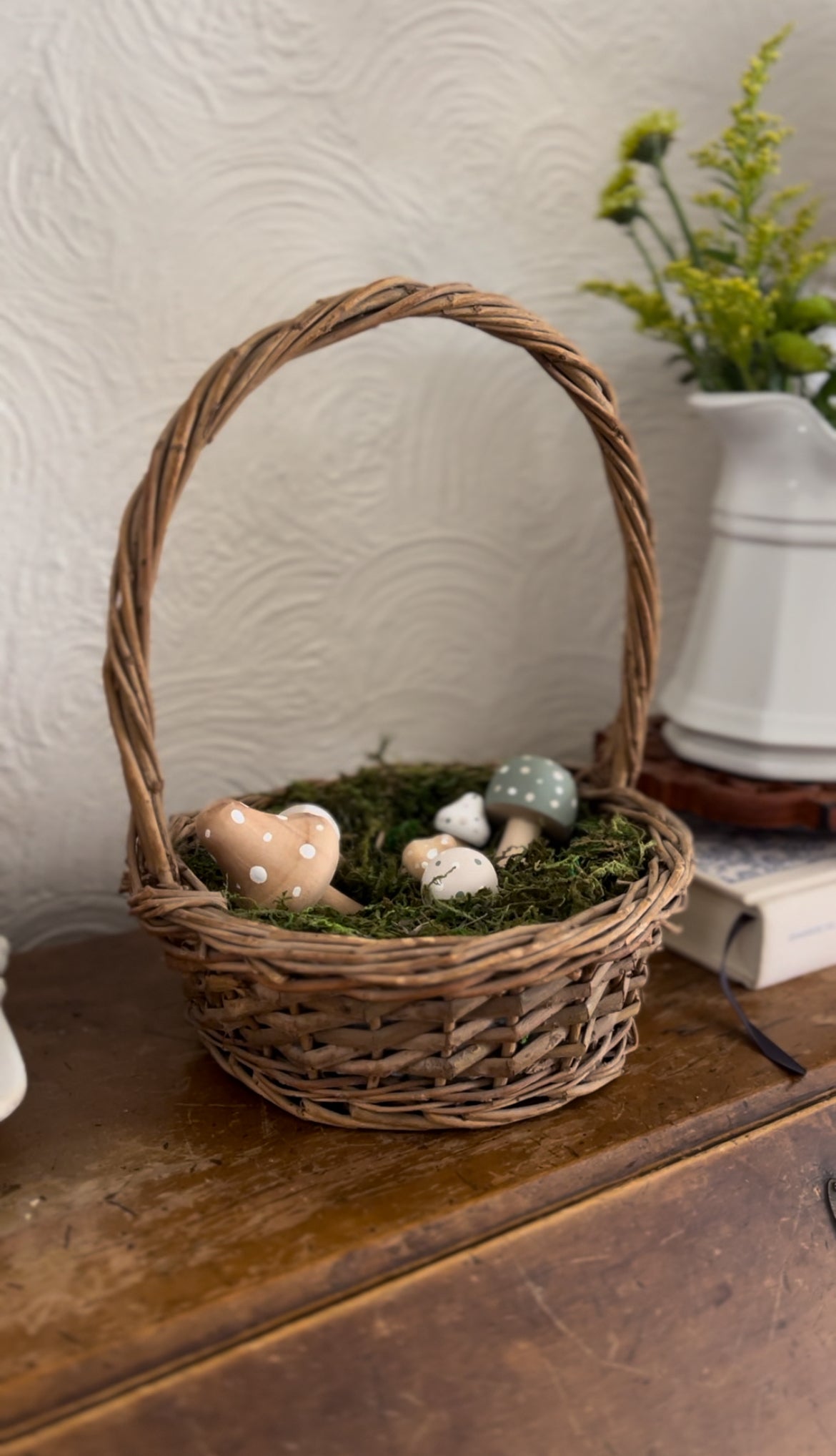 Basket with Wooden, Painted Mushrooms and Moss