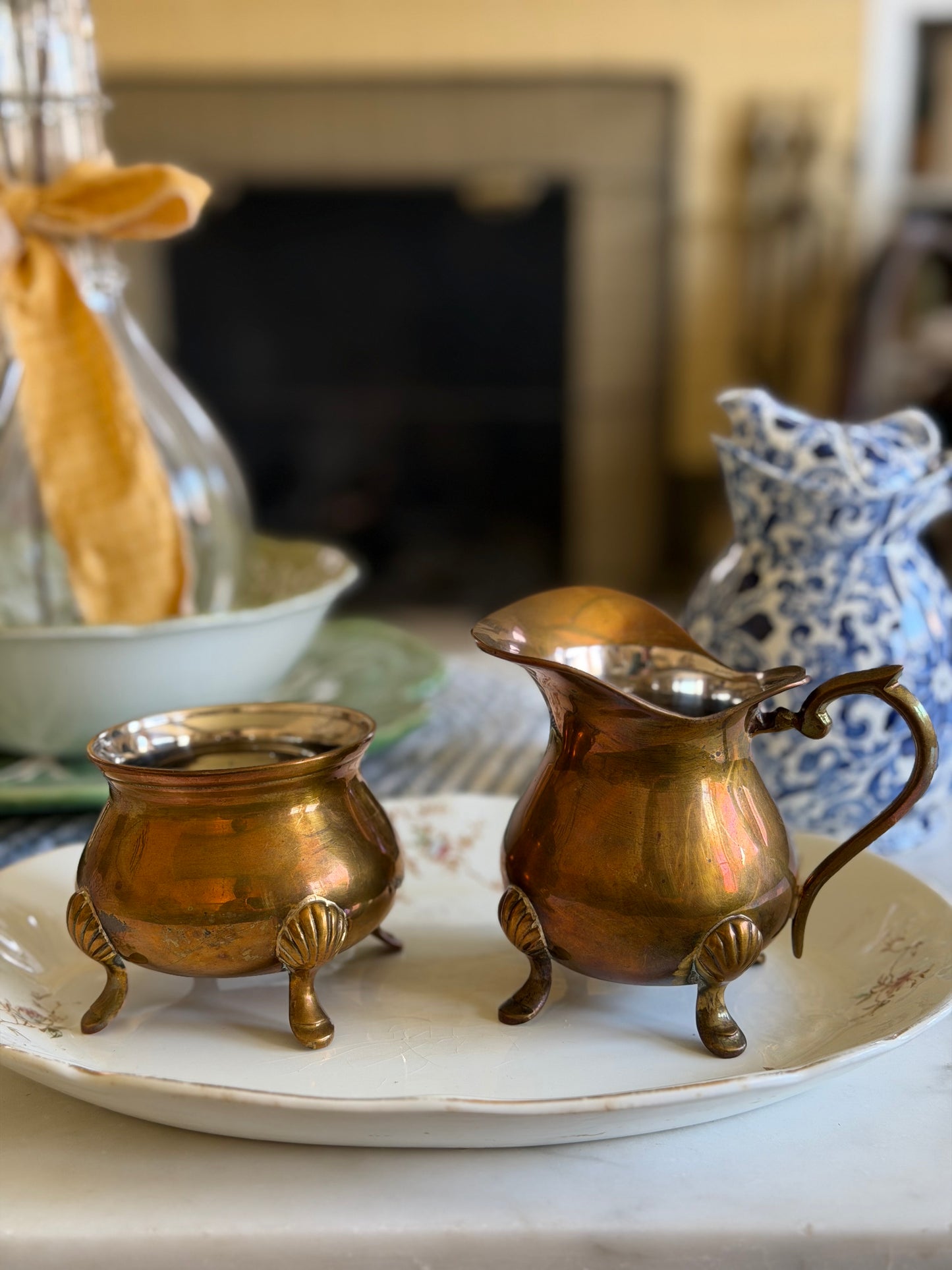 Brass Claw-Foot Sugar and Creamer Set with Silver Interior