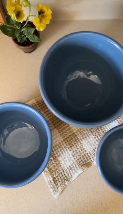 Set of 3 Blue Glazed Terracotta Nested Mixing Bowls with Farm Animal Etchings - made in Italy