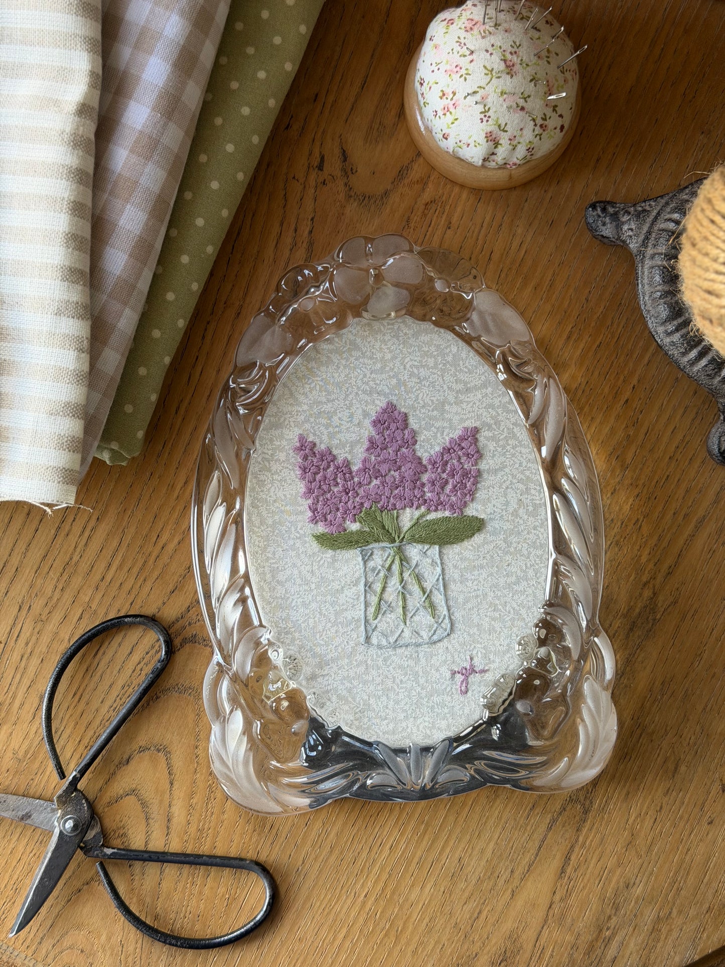 Large Vase of Lilacs Embroidery Art in a Vintage Glass Frame