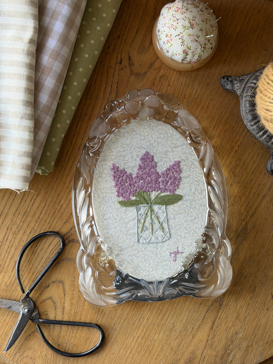 Large Vase of Lilacs Embroidery Art in a Vintage Glass Frame