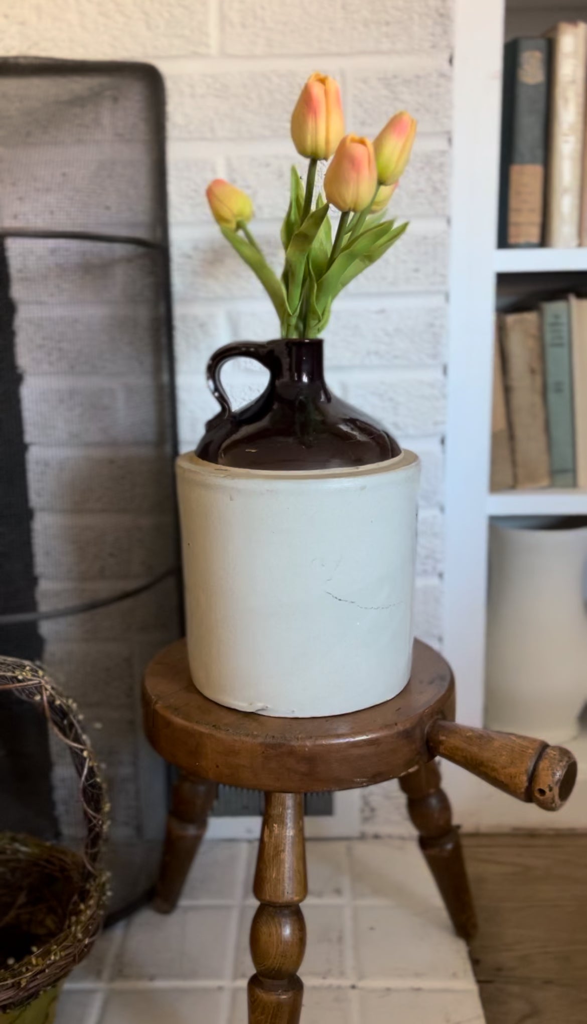 Antique "Western Stoneware" Jug Crock with Pink Tulips