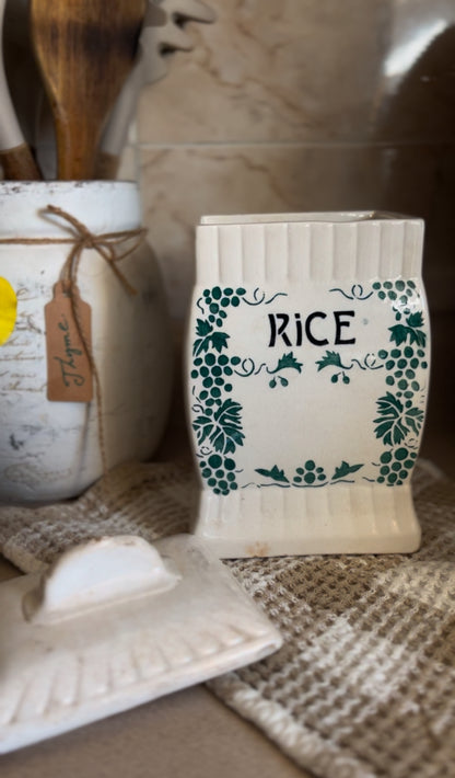 Ceramic Canister Set made in Germany (ginger sold. Rice, cloves, and cinnamon left)