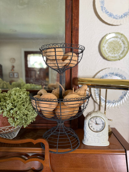 Two-Tiered French Loop Wrought Iron Wire Pedestal Fruit Basket