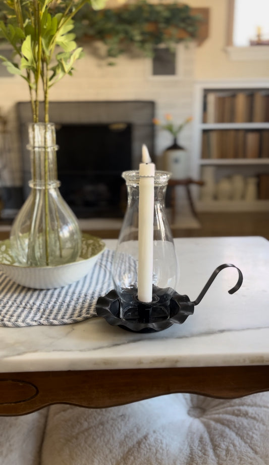 Black Metal Candle Holder with Hurricane Globe (1 LEFT) *candles not included
