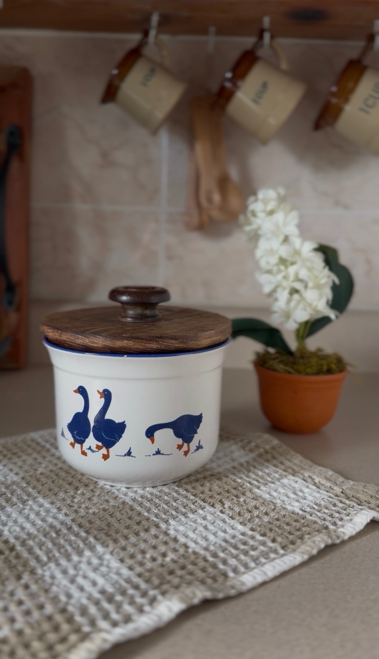 Set of 3 Vintage Rosenthal Netter Blue Geese Ceramic Canisters with Hand-Made Wooden Lids