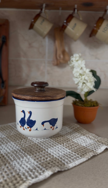 Set of 3 Vintage Rosenthal Netter Blue Geese Ceramic Canisters with Hand-Made Wooden Lids