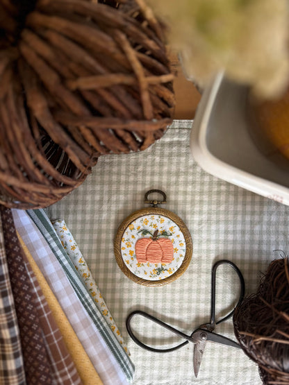 Pumpkin on Yellow Floral Fabric Mini Embroidery Magnet