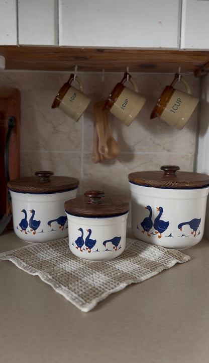 Set of 3 Vintage Rosenthal Netter Blue Geese Ceramic Canisters with Hand-Made Wooden Lids