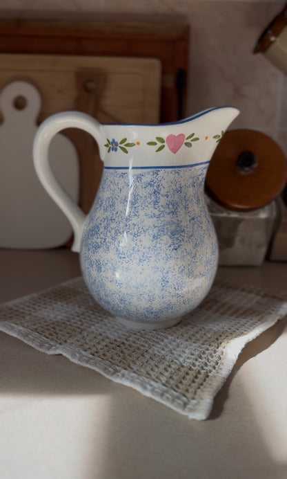 Vintage R.B. Bernarda Portuguese Pottery Blue Sponged Heart Pitcher