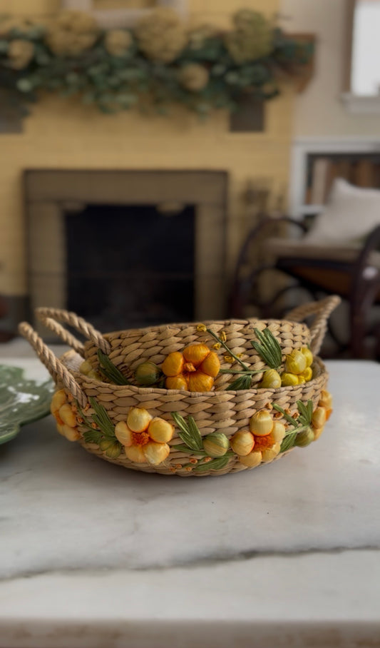 Set of 2 Yellow Floral Raffia Baskets