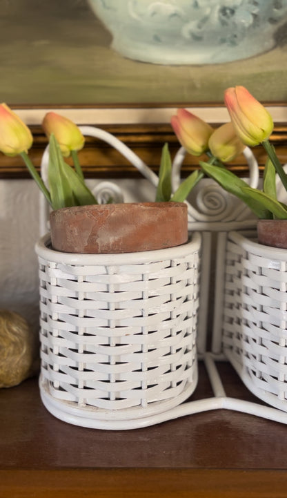 White Wicker Double Planter Basket (comes with terra cotta planters & tulips)