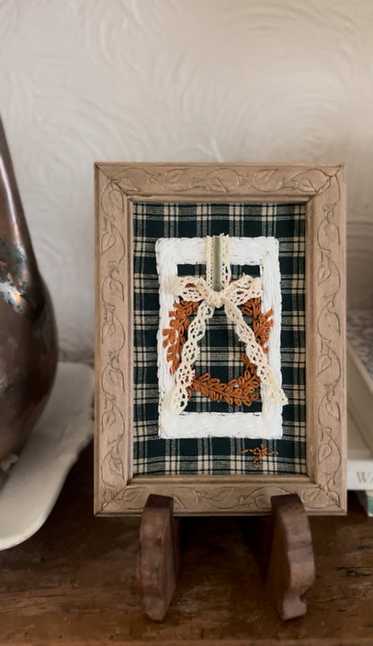 White Wicker Frame with Fall Wreath on Green Plaid Fabric Embroidery Art in a Hand-made Wooden Frame
