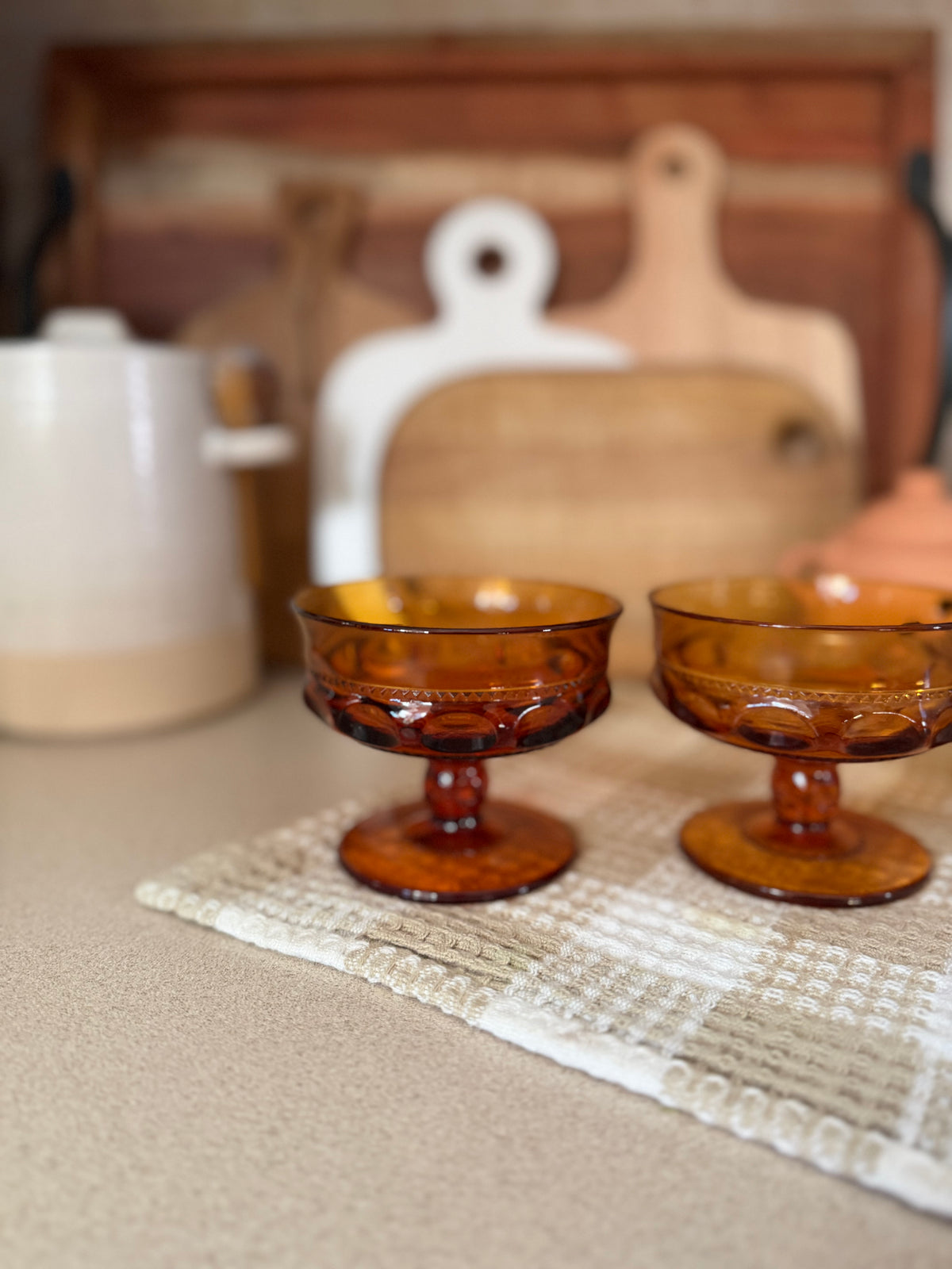 Set of 3 Vintage King's Crown Thumbprint Dessert Glasses by Indiana Glass