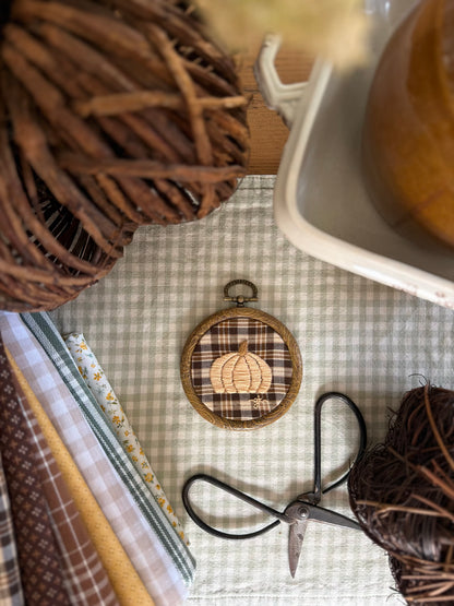 Pumpkin on Brown Plaid Fabric Mini Embroidery Magnet