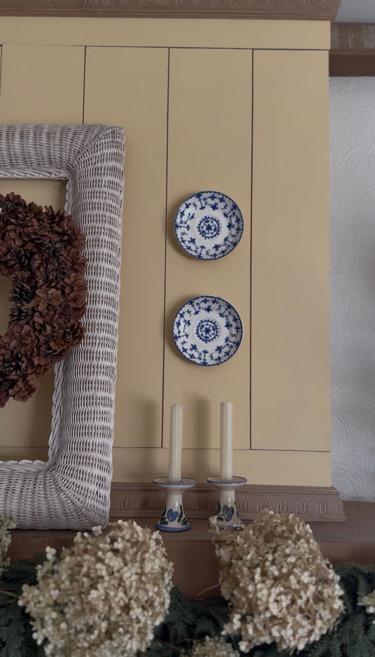 Hand-Painted Blue Floral Pottery Candle Holders - set of 2 (candles not included)