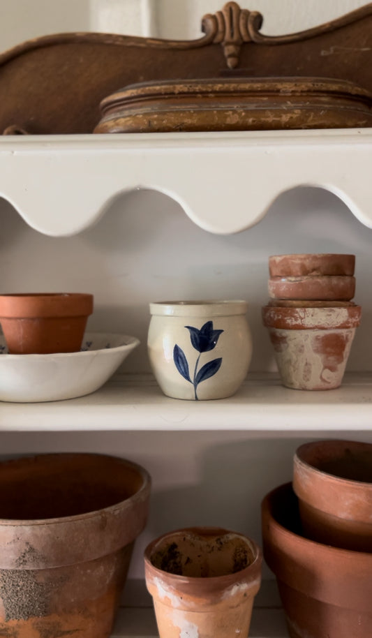 Williamsburg Pottery Small Planter with Blue Tulip Motif