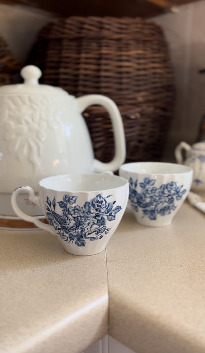 Set of 2 Blue and White Floral Ironstone Teacups made in England