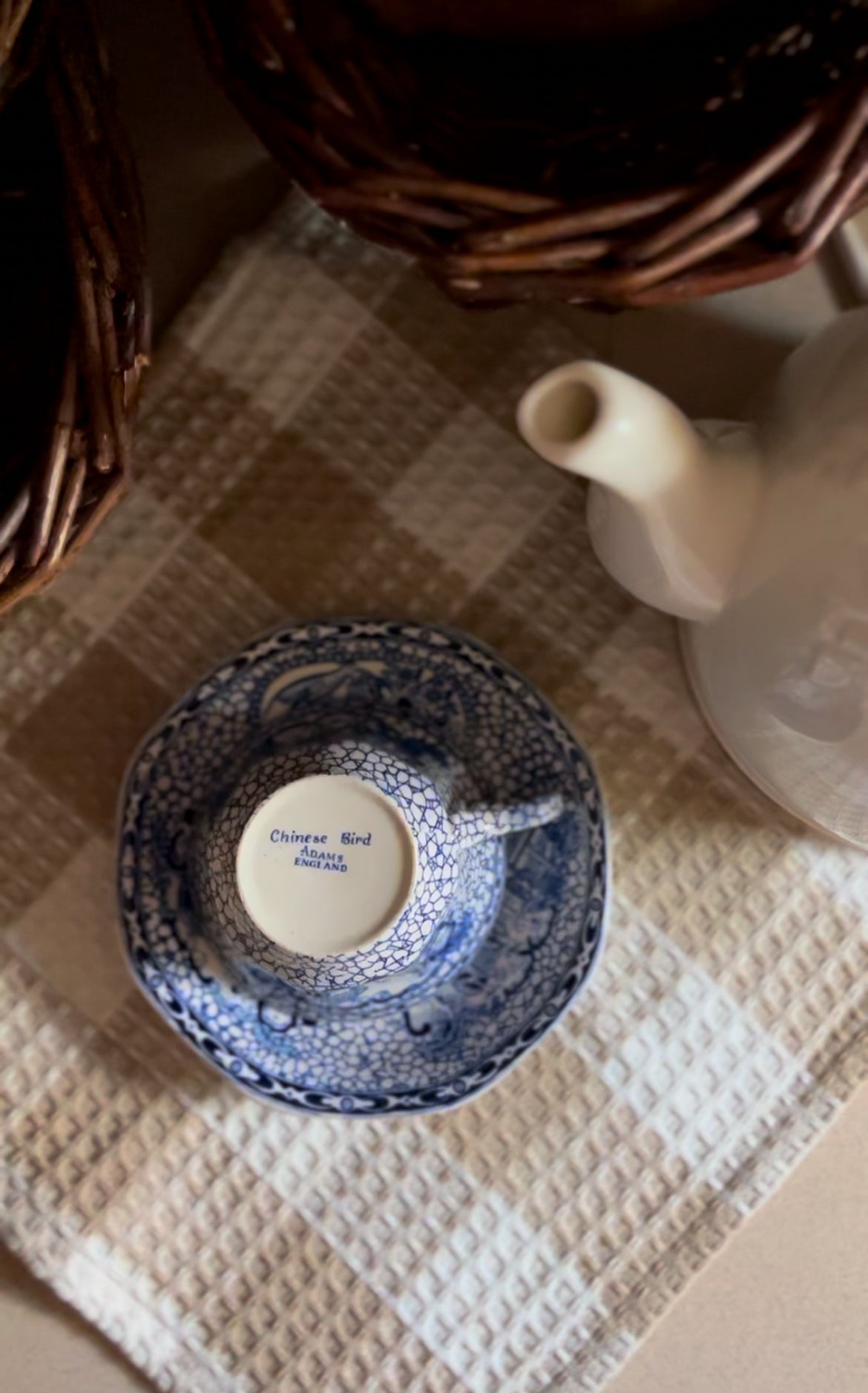 Vintage William Adams Blue and White English Teacup and Saucer with the Chinese Bird Pattern (3 left)